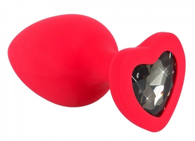 Красная силиконовая анальная пробка с черным стразом-сердечком - 9,3 см. Orion (красный с черным) 