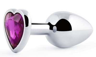 Серебристая анальная пробка с фиолетовым кристаллом-сердечком - 8 см. Anal Jewelry Plug (фиолетовый) 