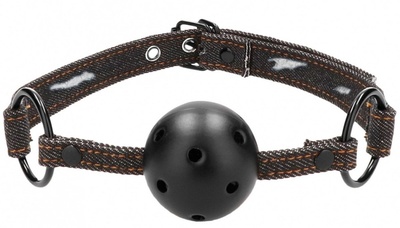 Кляп-шарик With Roughend Denim Straps с черными джинсовыми ремешками Shots Media BV (черный) 