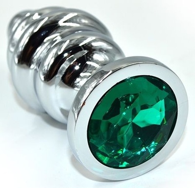 Серебристая анальная пробка из нержавеющей стали с зеленым кристаллом - 8,8 см. Kanikule (зеленый) 