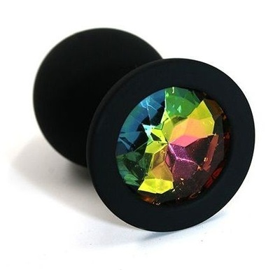Чёрная силиконовая анальная пробка с радужным кристаллом - 7 см. Kanikule (разноцветный) 