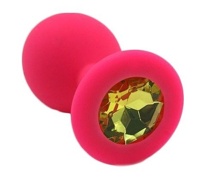 Розовая силиконовая анальная пробка с жёлтым кристаллом - 7 см. Kanikule (желтый) 