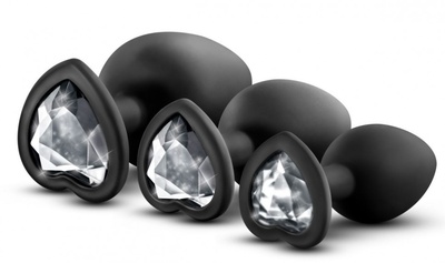 Набор из 3 черных пробок с прозрачным кристаллом-сердечком Bling Plugs Training Kit Blush Novelties (черный) 