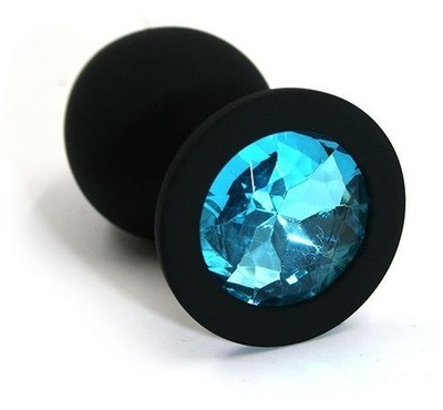 Чёрная силиконовая анальная пробка с голубым кристаллом - 7 см. Kanikule (нежно-голубой) 