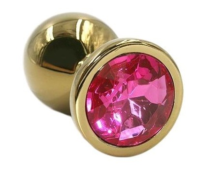Золотистая алюминиевая анальная пробка с ярко-розовым кристаллом - 6 см. Kanikule (розовый) 