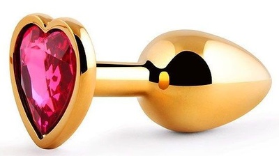 Золотистая анальная пробка с малиновым кристаллом-сердечком - 7 см. Anal Jewelry Plug (малиновый) 