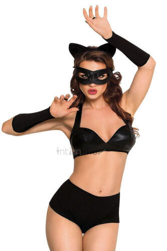 Костюм кошечки SoftLine Collection Catwoman (бюстгальтер, шортики, головной убор, маска и перчатки), чёрный, S Soft Line Collection (Черный) 
