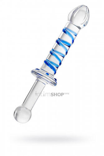 Двусторонний стеклянный фаллоимитатор Sexus Glass с синей спиралью, бесцветный (бесцветный, синий) 
