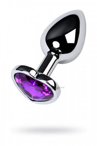 Анальная пробка Metal by Toyfa с кристаллом-сердце цвета аметист, серебристая (Серебристый) 