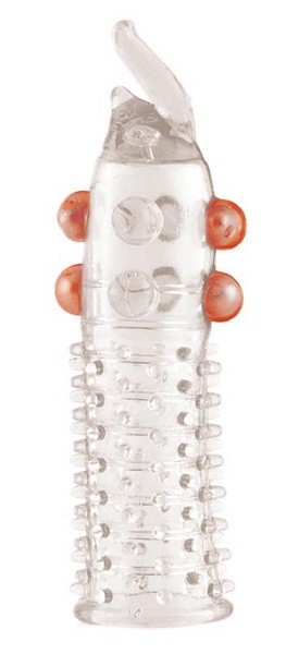 Гелевая прозрачная насадка с шариками, шипами и усиком - 11 см. Toyfa Basic (прозрачный) 