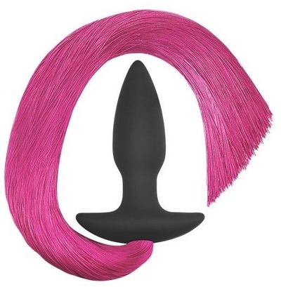Черная анальная пробка с розовым хвостом Silicone Anal Plug with Pony Tail LoveToy (черный с розовым) 