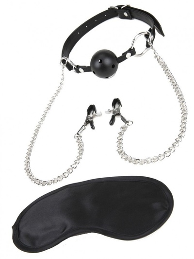 Чёрный кляп-шар с зажимами для сосков Lux Fetish (черный) 