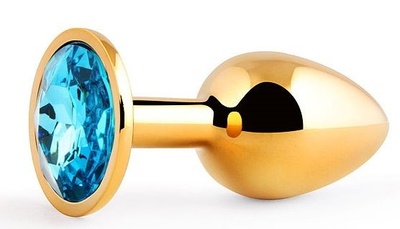Золотистая анальная пробка с голубым стразом - 7,2 см. Anal Jewelry Plug (голубой) 
