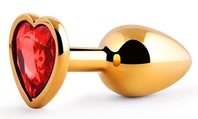 Золотистая анальная пробка с красным стразом-сердечком - 7 см. Anal Jewelry Plug (красный) 