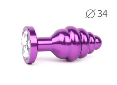Коническая ребристая фиолетовая анальная втулка с прозрачным кристаллом - 8 см. Anal Jewelry Plug (прозрачный) 