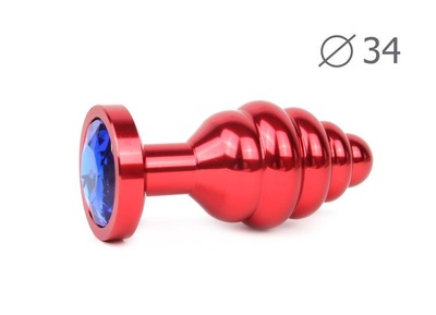 Коническая ребристая красная анальная втулка с синим кристаллом - 8 см. Anal Jewelry Plug (синий) 