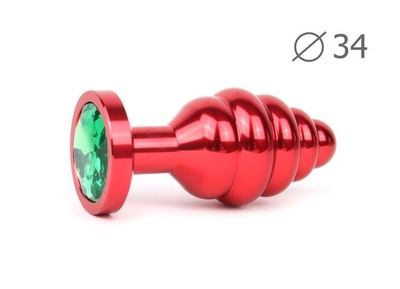 Коническая ребристая красная анальная втулка с зеленым кристаллом - 8 см. Anal Jewelry Plug (зеленый) 