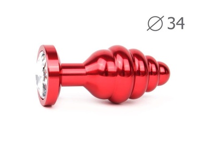 Коническая ребристая красная анальная втулка с прозрачным кристаллом - 8 см. Anal Jewelry Plug (прозрачный) 