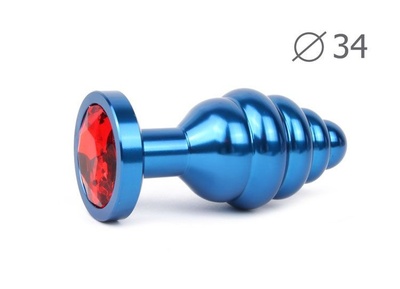 Коническая ребристая синяя анальная втулка с красным кристаллом - 8 см. Anal Jewelry Plug (красный) 