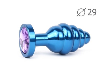 Коническая ребристая синяя анальная втулка с сиреневым кристаллом - 7,1 см. Anal Jewelry Plug (сиреневый) 