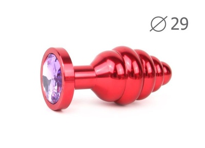Коническая ребристая красная анальная втулка с сиреневым кристаллом - 7,1 см. Anal Jewelry Plug (сиреневый) 