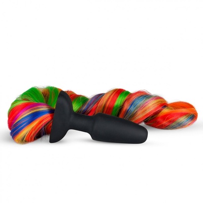 Черная анальная пробка с радужным хвостом Butt Plug With Tail Easy toys (черный) 