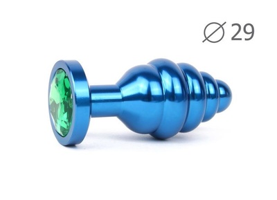 Коническая ребристая синяя анальная втулка с зеленым кристаллом - 7,1 см. Anal Jewelry Plug (зеленый) 