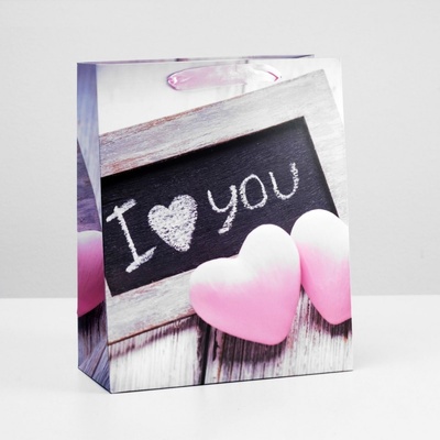 Подарочный пакет "I love you" - 32 х 26 см. Сима-Ленд (серый с розовым) 