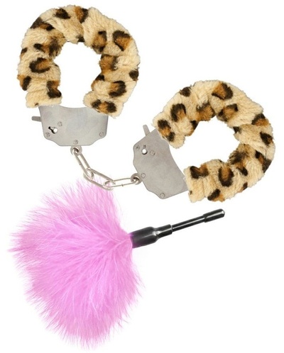 Эротический набор: леопардовые наручники и розовая пуховка Toy Joy (разноцветный) 