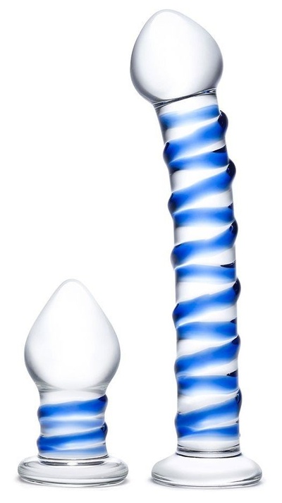 Набор из 2 стеклянных игрушек с синей спиралью Swirly Dildo & Buttplug Set Glas (прозрачный) 