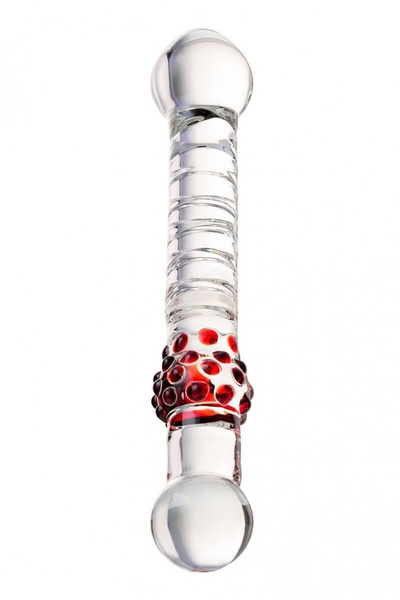 Стеклянный стимулятор с ручкой-шаром и цветными пупырышками - 22 см. Sexus (прозрачный) 