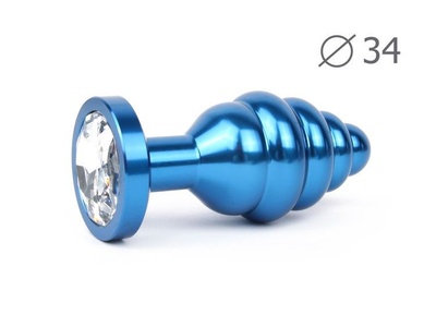 Коническая ребристая синяя анальная втулка с прозрачным кристаллом - 8 см. Anal Jewelry Plug (прозрачный) 