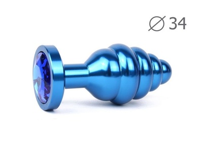 Коническая ребристая синяя анальная втулка с синим кристаллом - 8 см. Anal Jewelry Plug (синий) 