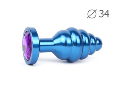 Коническая ребристая синяя анальная втулка с кристаллом фиолетового цвета - 8 см. Anal Jewelry Plug (фиолетовый) 