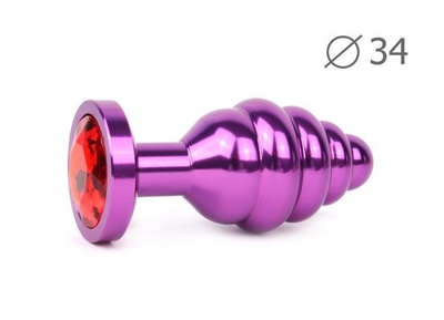 Коническая ребристая фиолетовая анальная втулка с красным кристаллом - 8 см. Anal Jewelry Plug (красный) 