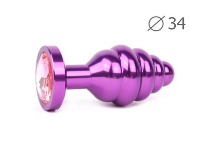 Коническая ребристая фиолетовая анальная втулка с розовым кристаллом - 8 см. Anal Jewelry Plug (розовый) 