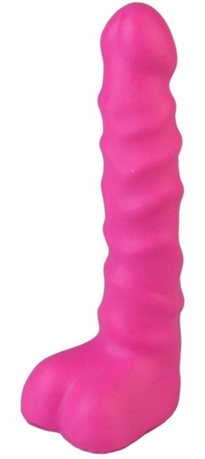 Ярко-розовый анальный стимулятор с мошонкой - 14 см. Джага Джага 
