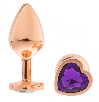 Золотистая анальная пробка OYO с фиолетовым кристаллом-сердцем - 7,3 см. (фиолетовый) 