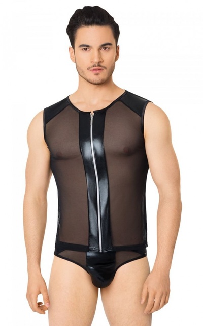 Эротический мужской костюм-сетка с молнией SoftLine (черный) 