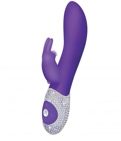 Фиолетовый вибромассажёр с клиторальным отростком и отделанной стразами рукоятью The Classic Rabbit - 22 см. The Rabbit Company 