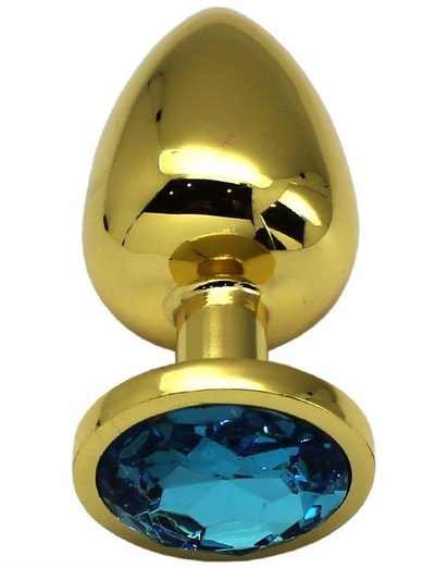 Золотистая анальная пробка с голубым кристаллом - 9 см. Eroticon (голубой) 