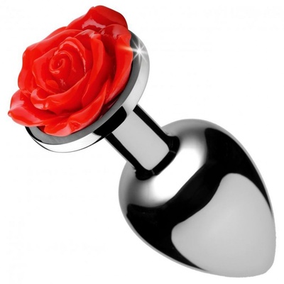 Серебристая анальная пробка с розой Red Rose Butt Plug - 8 см. XR Brands (серебристый) 