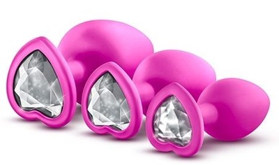 Набор розовых анальных пробок с прозрачным кристаллом-сердечком Bling Plugs Training Kit Blush Novelties (розовый) 