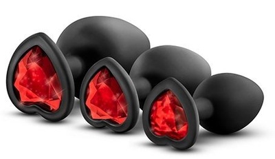 Набор черных анальных пробок с красным кристаллом-сердечком Bling Plugs Training Kit Blush Novelties (черный) 