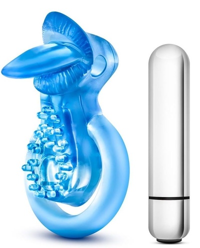 Голубое эрекционное виброкольцо 10 Function Vibrating Tongue Ring Blush Novelties (голубой) 