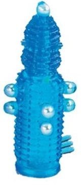 Голубая эластичная насадка на пенис с жемчужинами, точками и шипами Pearl Stimulator - 11,5 см. Tonga (голубой) 