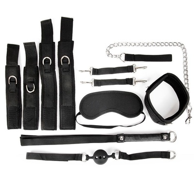 Черный текстильный набор БДСМ: наручники, оковы, ошейник с поводком, кляп, маска, плеть Bior toys 