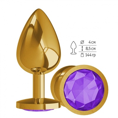 Золотистая большая анальная пробка с фиолетовым кристаллом - 9,5 см. Джага Джага (фиолетовый) 
