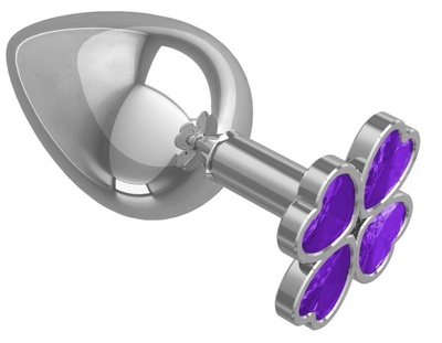 Серебристая анальная пробка-клевер с фиолетовым кристаллом - 9,5 см. Джага Джага (фиолетовый) 