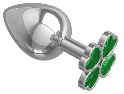 Серебристая анальная пробка-клевер с зеленым кристаллом - 9,5 см. Джага Джага (зеленый) 